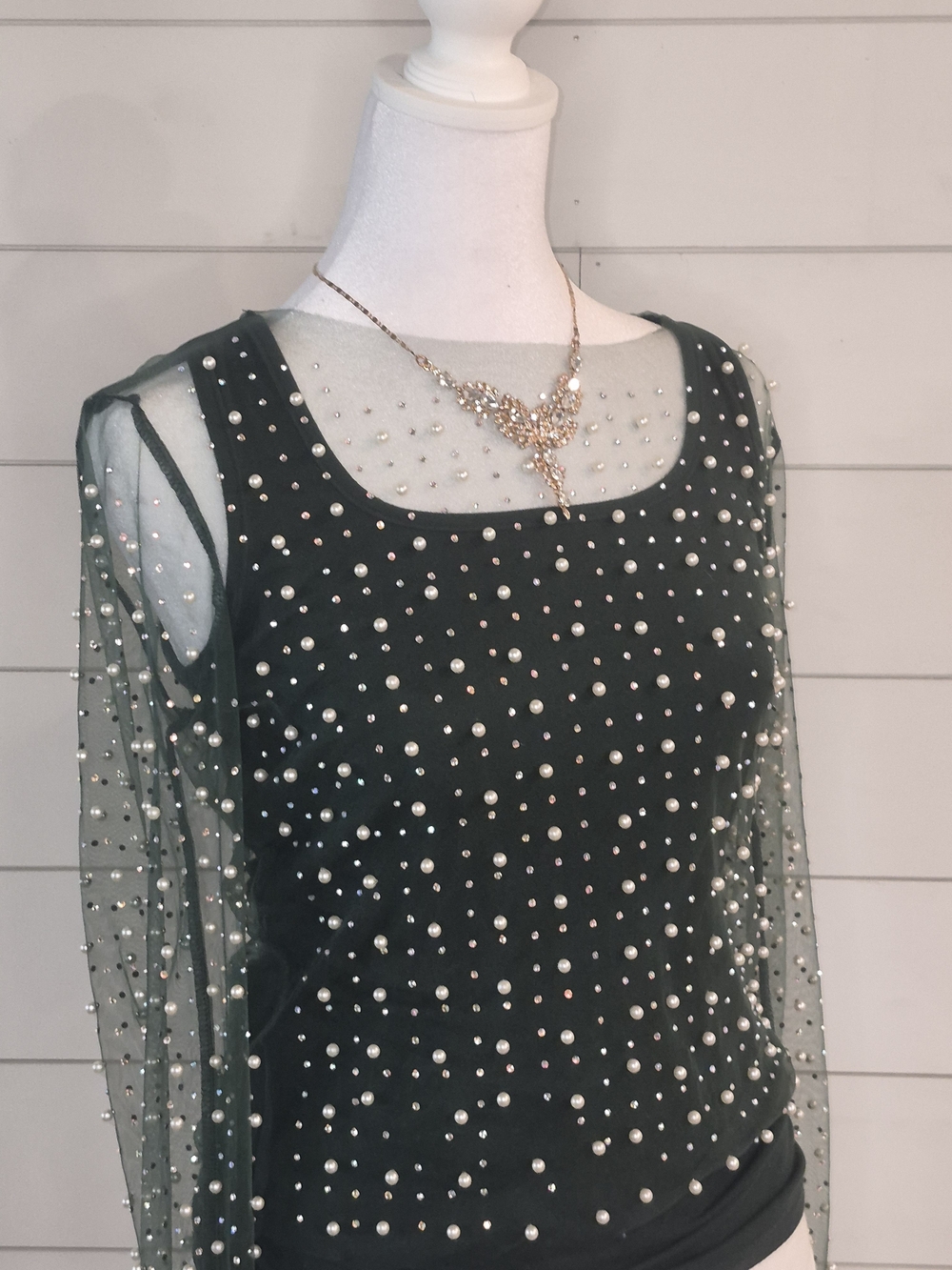 White Birch Pearl-Embellished Dark Green Mesh Sleeve Top